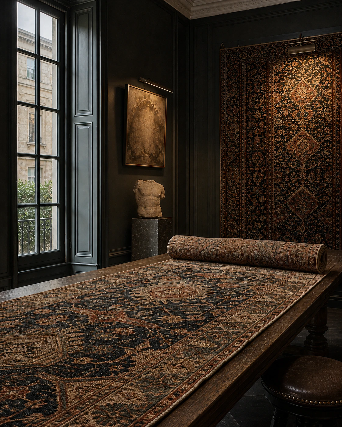 Archive privée où un tapis historique est étudié sur une grande table en chêne