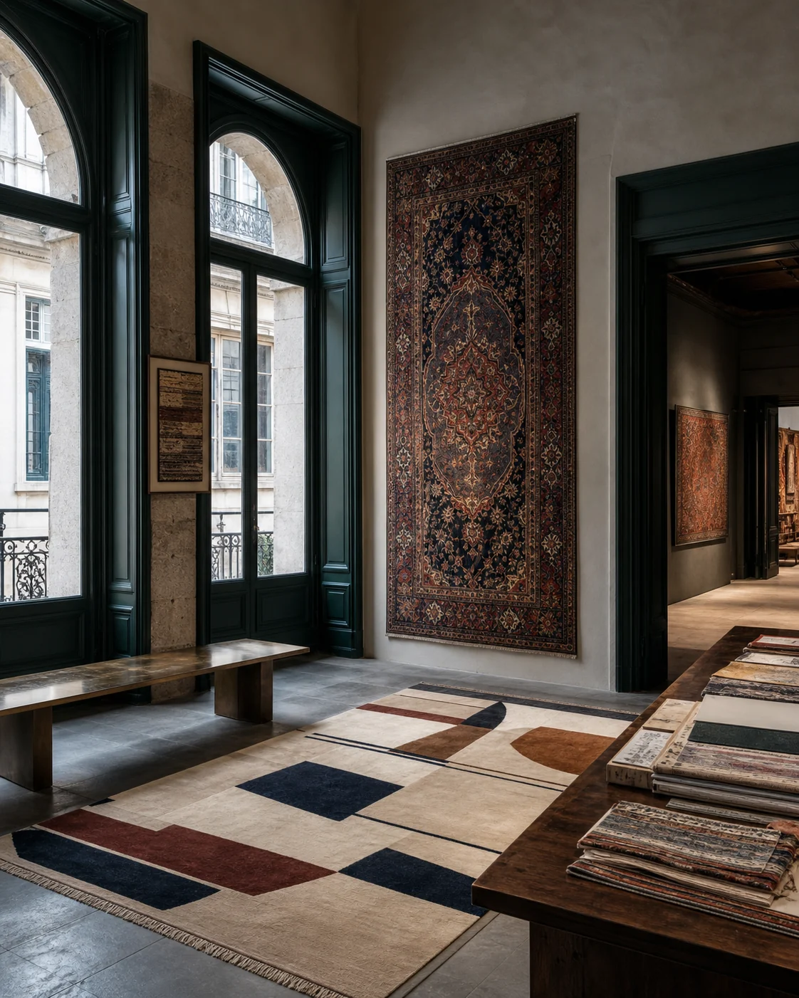 Galerie spécialisée présentant un tapis historique et une création contemporaine