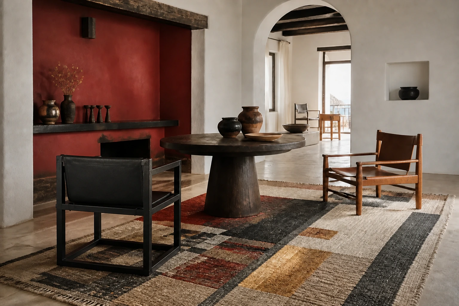 Tapis artisanal géométrique dans un intérieur méditerranéen rouge et blanc