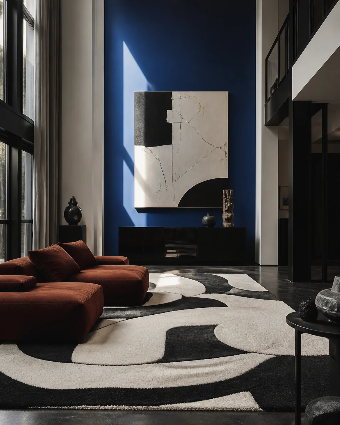 Tapis sculptural noir et ivoire dans un intérieur contemporain bleu
