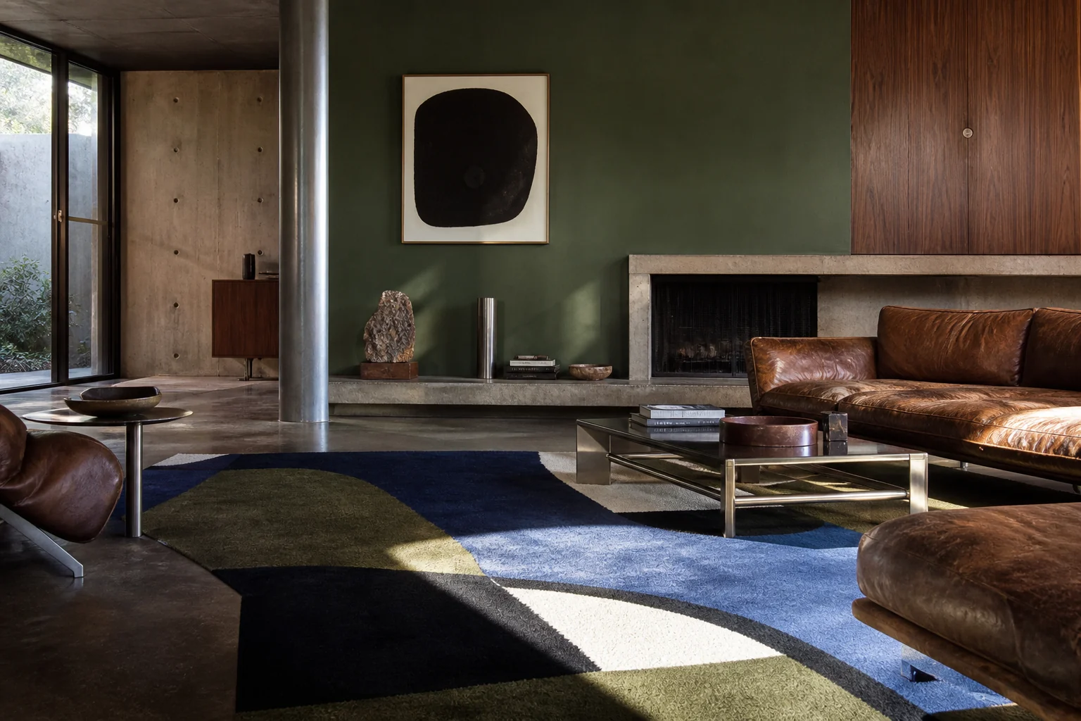 Tapis abstrait bleu dans un intérieur moderniste en béton et noyer